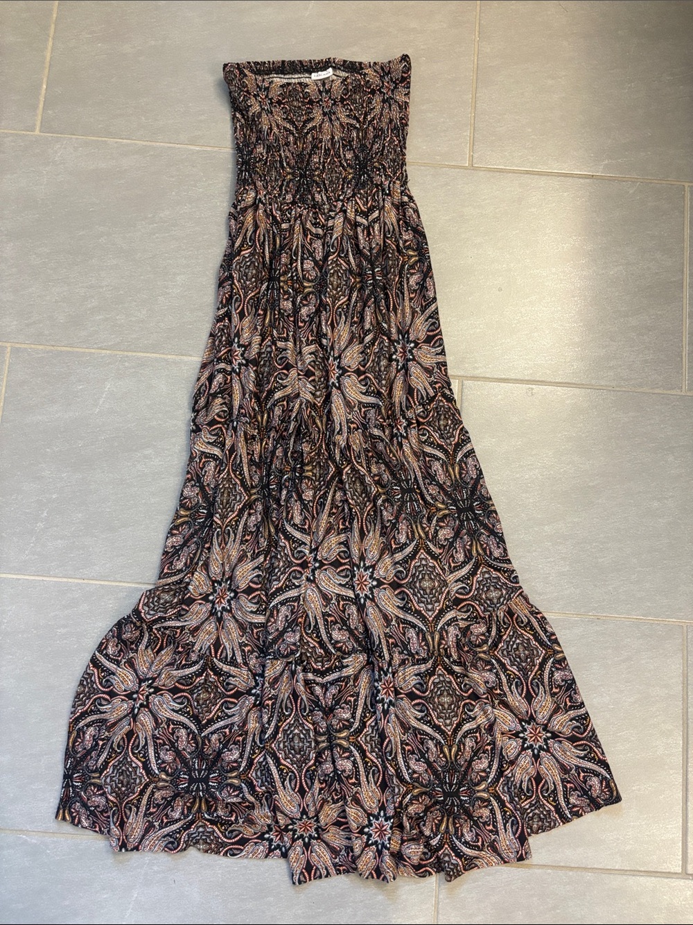Smocked Strapless Paisley Maxi Dress — Black & Tan